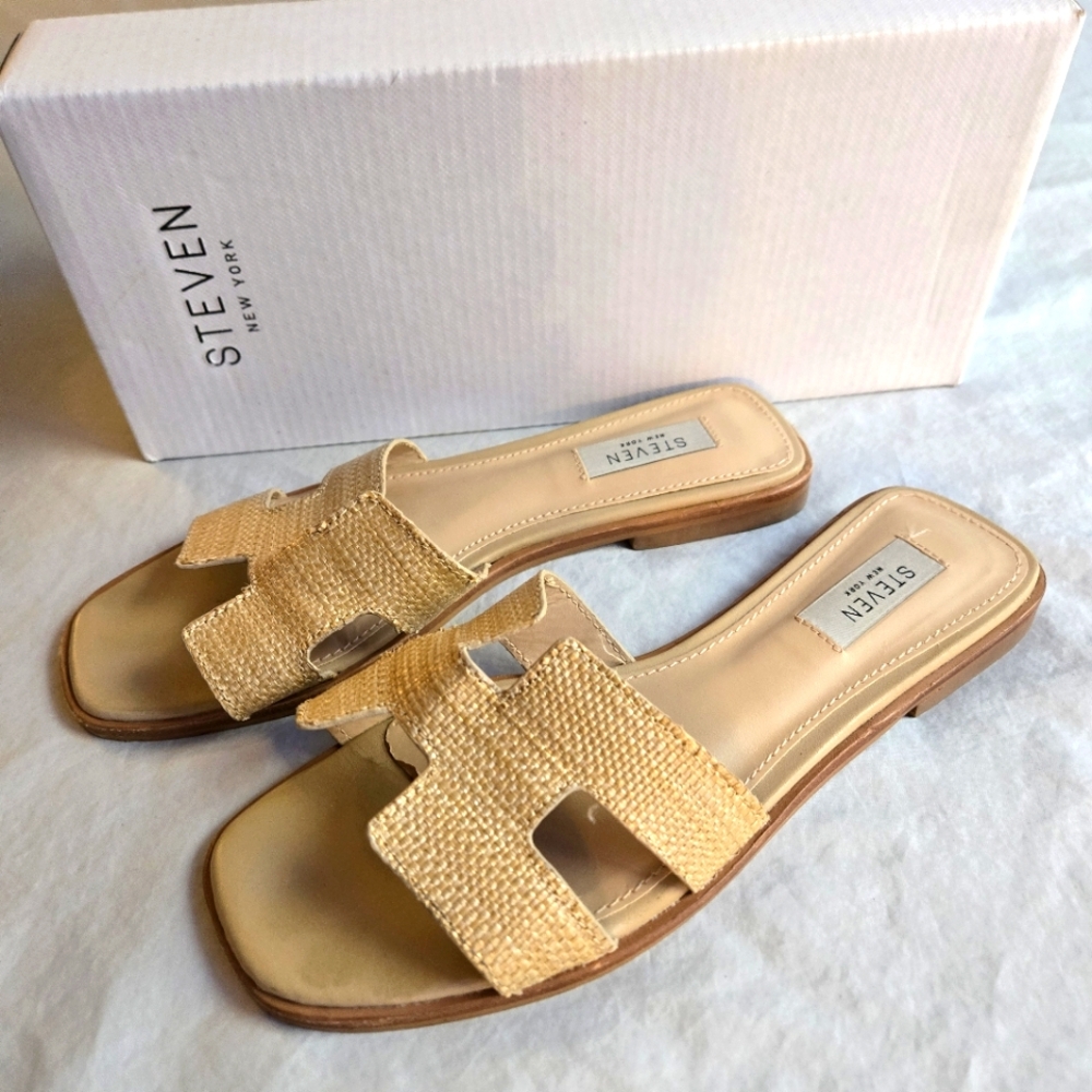 Steven New York Hadyn Sandals Tan Raffia sz 7 Faux Leather